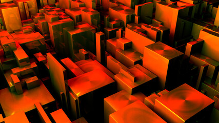 3D abstract image of rectangles background in orange and red toned