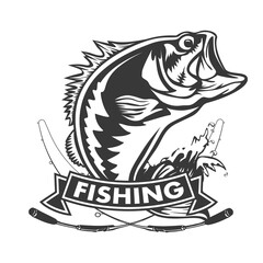 Fishing logo. Bass fish with rod club emblem. Fishing theme illustration. Isolated on white.