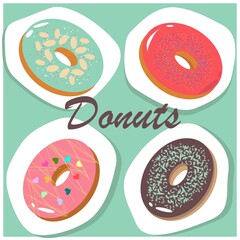 Various delicious donuts on a menthol background. Sweet design for your cafe. greeting card, brochure, invitation, party, sticker