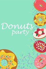 Various delicious donuts party on a menthol background. Sweet design for your cafe. greeting card, brochure, invitation, party