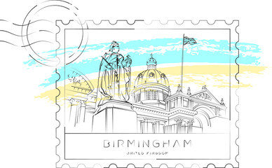 Birmingham urban sketch stamp, Queen Victoria sculpture and Birmingham museum, vector illustration and typography design, England, UK