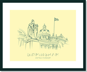 Birmingham urban sketch poster, Queen Victoria sculpture and Birmingham museum, vector illustration and typography design, England, UK