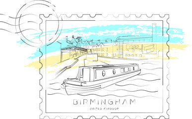 Birmingham urban sketch stamp, Water Canal, vector illustration and typography design, Birmingham, England, UK