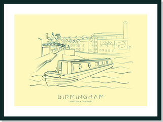 Birmingham urban sketch poster, Water Canal, vector illustration and typography design, Birmingham, England, UK