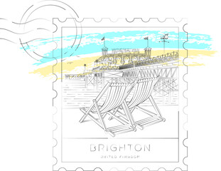 Brighton pier urban sketch stamp, vector illustration and typography design, England, UK