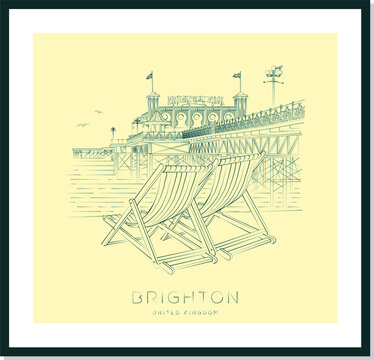 Brighton pier urban sketch poster, vector illustration and typography design, England, UK
