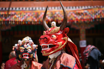 Buddhist mystery with the performance of Mask Dance in the Tibetan Hemis monastery in Leh, Ladakh,...