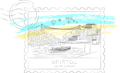 Bristol urban sketch stamp, River Avon and Clifton Suspension Bridge, vector illustration and typography design, England, UK