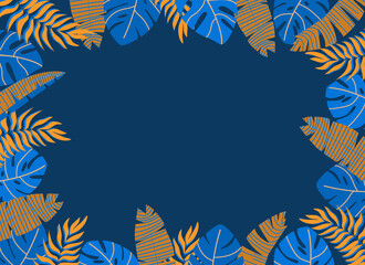 Fototapeta na wymiar Frame with tropical leaves in blue and orange colors on a dark background. Summer illustration, space for text. Flat vector illustration.