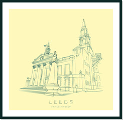 Fototapeta premium Leeds urban sketch poster, City Council Building or Civil Hall, vector illustration and typography design, England, UK