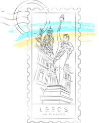 Leeds urban sketch stamp, Nymph statue or the lady lampholder and The Old Post Office Building vector illustration and typography design, England, UK