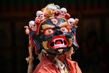 Buddhist mystery with the performance of Mask Dance in the Tibetan Hemis monastery in Leh, Ladakh,...