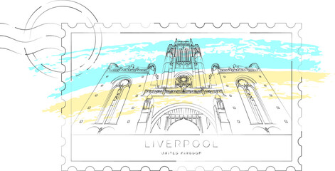 Liverpool Cathedral sketch stamp, vector illustration and typography design, England, UK
