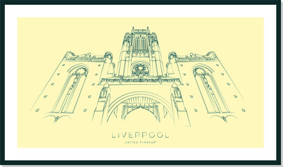 Liverpool Cathedral sketch poster, vector illustration and typography design, England, UK