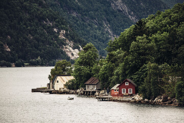 Seaside landscape in Norway, fishing man houses