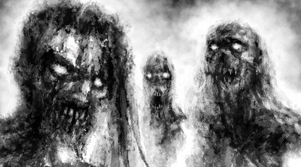 Scary demonic zombies with glowing eyes illustration.