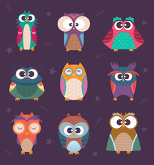 Cute owls. Wild birds kids colored vector illustrations funny cartoon owls in sunglasses. Owl bird, cartoon wild adorable collection illustration