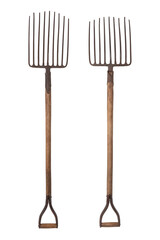 Vintage coal tools. An old heavy coal fork from the middle of the last century with which the briquettes were transported or shovelled was isolated on a white background. Front and back view.
