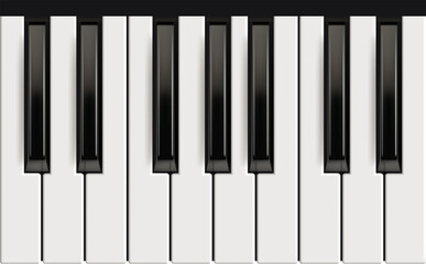 Piano keys. Realistic musical instrument for jazz band white and black keys with reflection effects vector picture. Piano octave, acoustic instrument, keyboard black white classic illustration