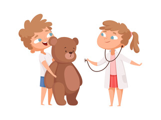 Children playing. Cute girl doctor and teddy bear patient. Kids play in hospital, medical game for little vector illustration. Teddy and doctor child, medicine play with toy
