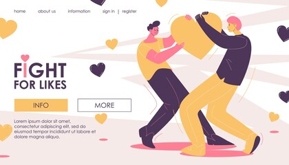 Fight for likes and popularity at social media landing page. Vector scene with people fighting for heart. Concept banner for smm agency
