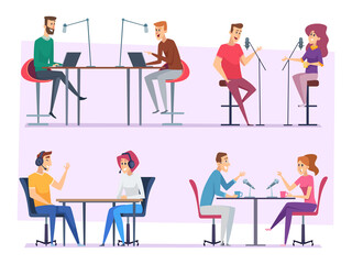 Broadcast characters. Radio show people studio making sound and music microphone vector illustration set. Radio show broadcast, music studio with microphone