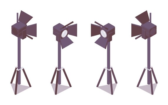 Isometric vector studio lighting equipment for photographers, tv production in various foreshortening views