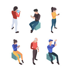 Telephone talking. People with gadgets social media dialog user with smartphones and online mobile devices vector isometric. Woman and man chatting online, conversation or message illustration