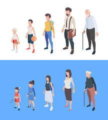 Obraz premium Generations persons. Male and female characters boys and girls man woman mother father seniors vector generation of peoples. Process growing and aging, development generation illustration