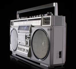 Vintage silver boom box on black background with reflection