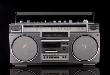 Vintage silver boom box on black background with reflection