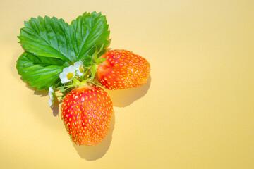 Ripe bright strawberries, leaves and flowers on a yellow background. Top view, copyspace. The concept of summer berries.