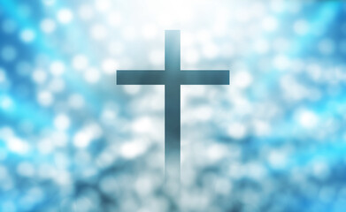 Christian cross appeared bright in the sky with soft fluffy clouds, white, beautiful colors. With the light shining as hope, love and freedom in the sky background