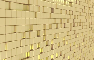 Abstract geometric shape of golden cubes 3d render. Futuristic fashioned glossy gold background.