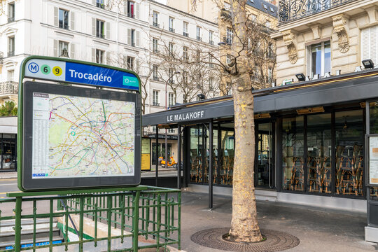 Paris, France - March 15 2020: Cafe Le Malakoff at Trocadero closed in order to stop the spread of Coronavirus epidemic.