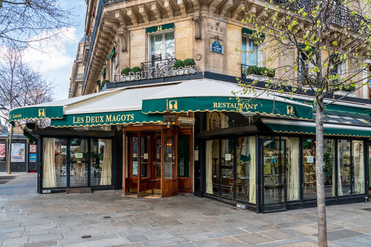 Paris, France - March 15 2020: Cafe les Deux Magots closed in order to stop the spread of Coronavirus epidemic.