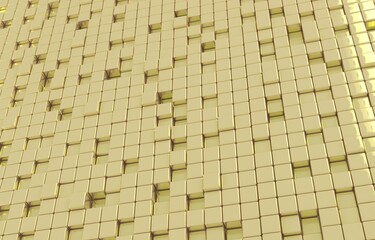 Fototapeta premium Abstract geometric shape of golden cubes 3d render. Futuristic fashioned glossy gold background.
