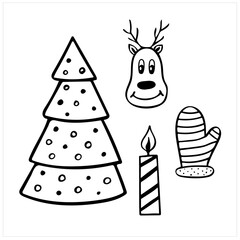 Christmas tree and deer and candle and mitten in black and white, set of simple hand drawn vector illustrations in doodle style