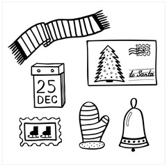 Christmas illustrations in black and white, set of simple hand drawn vector drawings in doodle style