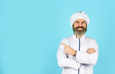 Lunch meal. Restaurant dish. Delicious dessert. Cook chef in white uniform. Bearded mature man chef. Bearded man restaurant worker. Professional cook. Culinary concept. Restaurant menu copy space