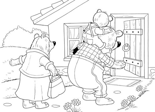 Goldilocks and the three bears. Fairy tale.  One picture from series. Coloring book. Educational book. Illustration for children. Cute and funny cartoon characters