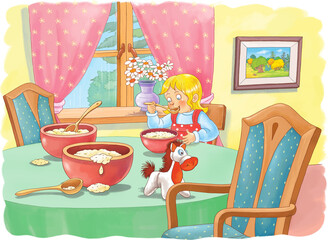 Goldilocks and the three bears. Fairy tale.  One picture from series. Coloring book. Educational book. Illustration for children. Cute and funny cartoon characters