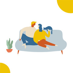 Couple spending time at home flat vector illustration. Relaxing at home, leisure time.
