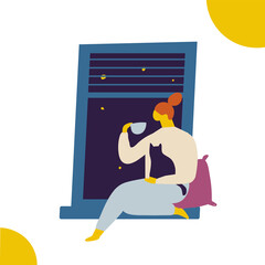 Girl drinking tea sitting on windowsill looking out window. Spending time at home flat vector illustration. Cozy Relaxing at home, leisure time	
