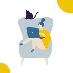 Girl sitting in soft chair with a laptop. Cozy home.  Relaxing at home, leisure time	
