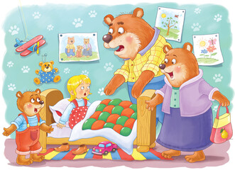 Goldilocks and the three bears. Fairy tale.  One picture from series. Coloring book. Educational book. Illustration for children. Cute and funny cartoon characters
