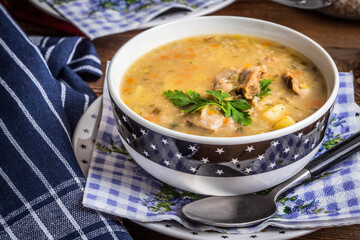 Soup with barley and chicken gizzards.
