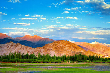 beautiful mountains that surround Leh at sunset, Ladakh, Jammu and Kashmir, India. - obrazy, fototapety, plakaty