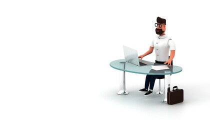 Smiling Businessman in glasses 3d illustration. Advertising poster of stock market broker. Successful man. Bearded  man working in office.