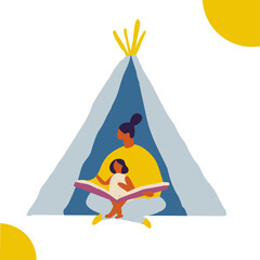 Mother reading a book to a child. People spending time at home flat vector illustration. Relaxing at home, leisure time	